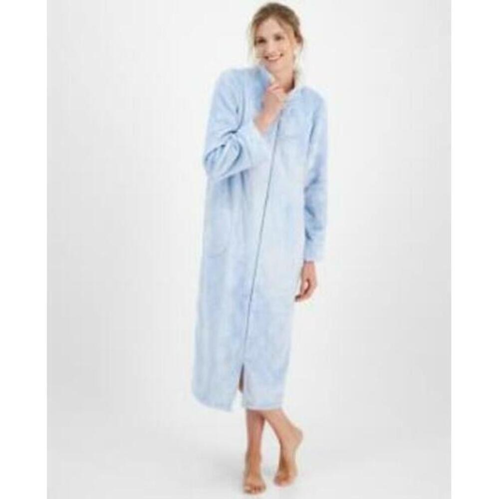 Charter Club Women's Blue Long Snowflake Embossed Zip-Front Robe L
